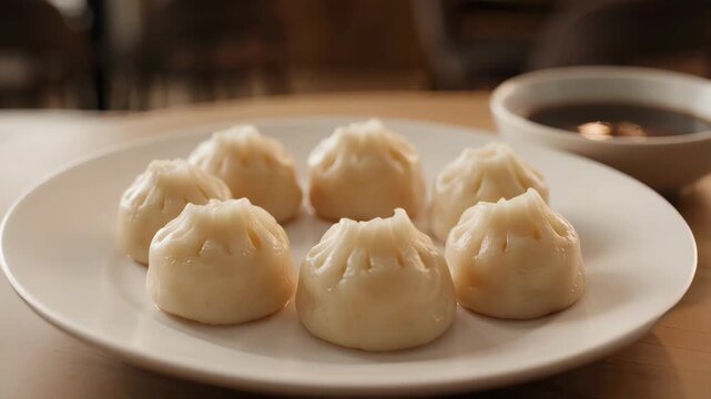 Freshly steamed dumplings on a white plate. Hot Chinese dim sum served with soy sauce in a restaurant. Close-up of traditional Asian cuisine
