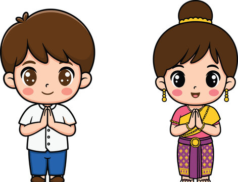 Cute Thai greeting children cartoon characters, traditional wai gesture boy and girl illustration isolated cultural kids vector
