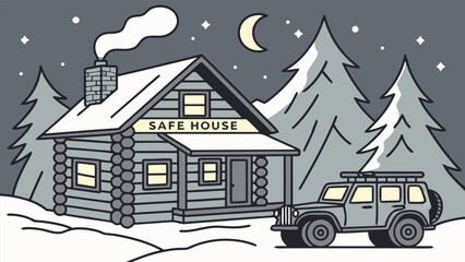 Fototapeta premium Cozy Winter Cabin Safe House in Snowy Mountain Forest Night Illustration