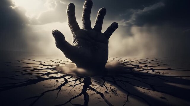 A colossal hand rises from a parched earth, under a dramatic, cloudy sky