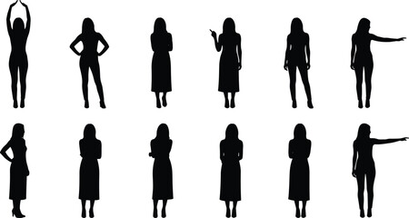Woman silhouette poses collection, standing female characters vector set isolated fashion people silhouettes for design