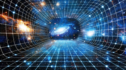 Fototapeta premium Futuristic grid tunnel galaxy star nebula cosmic parallel universe digital abstract vibrant space background with glowing blue and orange hues evoking wonder and imagination