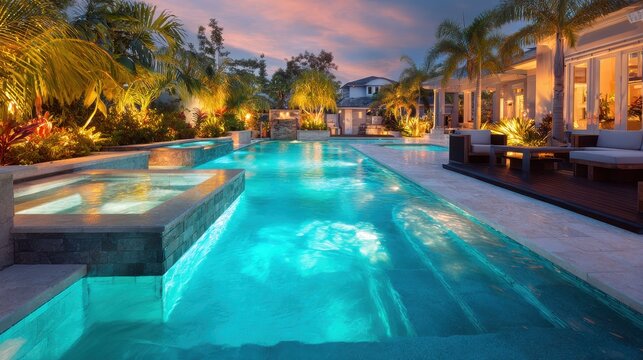 Contemporary outdoor pool scene with built-in spa, warm lighting, and sleek stone coping