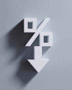 White percent symbol with downward arrow representing decline, decrease, negative trend and financial rate drop concept.