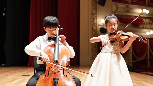 Young boy cellist and girl violinist performing classical music on concert stage. Talented children musicians playing string instruments at elegant musical recital.