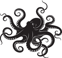 Fototapeta premium Black octopus with tentacles on white background illustration art