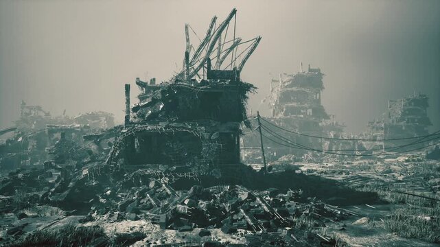 Towering rubble mound with protruding rebar, salvage crew approaching cautiously through smogchoked ruins ashstrewn ground and twisted steel create ominous