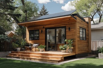 Cozy modern tiny house in a sunlit backyard with wooden siding and a small porch
