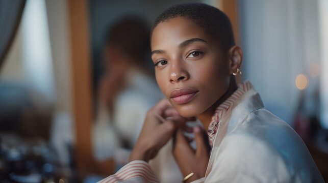 Person selecting pronouns pin from collection on dresser, mirror reflecting thoughtful expression, journey of self identification, bedroom sanctuary visible, perfect for gender identity keywords,