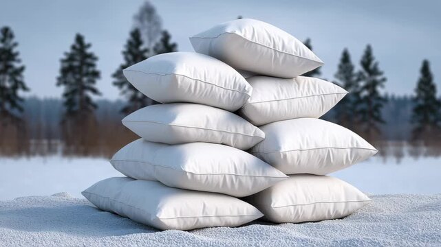 Stack of white pillows arranged in a pyramid formation on a snowy surface with evergreen trees in the background under a clear winter sky