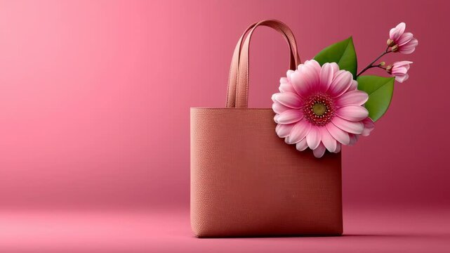 Pink tote bag with large pink flower and green leaves positioned against a soft pink background, showcasing a stylish and vibrant accessory for casual outings