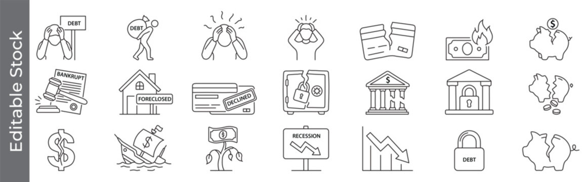 Debt, bankruptcy and financial crisis icon set &ndash; editable outline symbols of recession, foreclosure, crisis, decline, loss and money problem