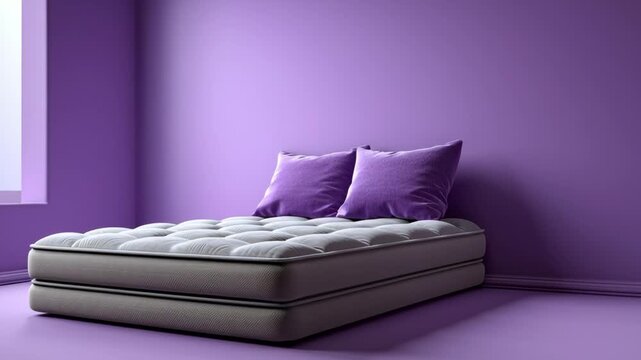 Modern gray mattress with purple pillows positioned against a purple wall, showcasing a minimalist bedroom design with natural light streaming through a window