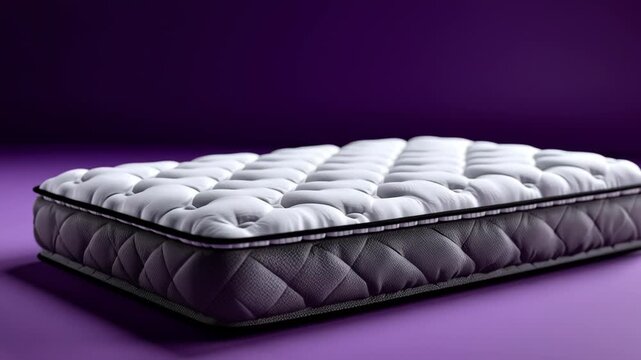 Mattress with quilted surface and contrasting dark border positioned on a purple background, showcasing its design and texture from multiple angles in a continuous flow