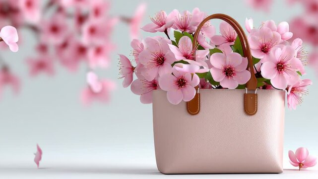 Pink handbag filled with blooming cherry blossoms, surrounded by falling petals against a soft background, creating a serene and vibrant floral display
