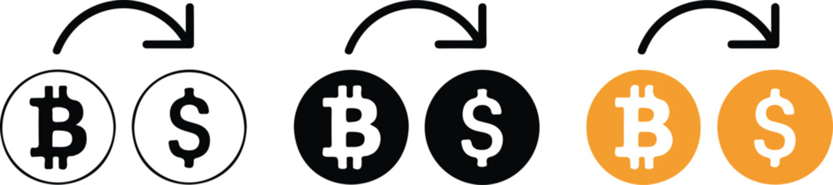 Minimalist cryptocurrency and fiat currency exchange icon set with outline, black and orange designs showing Bitcoin to dollar conversion