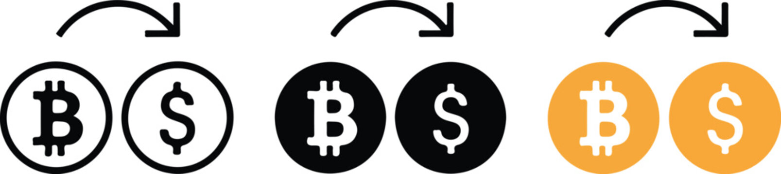 Minimalist cryptocurrency and fiat currency exchange icon set with outline, black and orange designs showing Bitcoin to dollar conversion