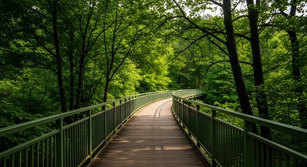 Fototapeta premium Serene forest bridge pathway through lush green trees and foliage