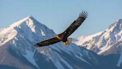 Fototapeta premium Majestic Eagle Soaring Over Snow-Capped Mountains in Clear Blue Sky - Stock Photo