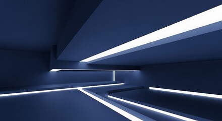 Obraz premium Modern futuristic interior with dark blue walls and illuminated white lines on ceiling and floor