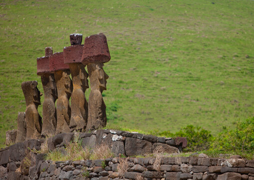 Moais in ahu nau nau at anakena beach, Easter Island, Hanga Roa, Chile