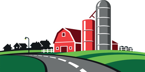 Red barn and silo farm landscape vector illustration