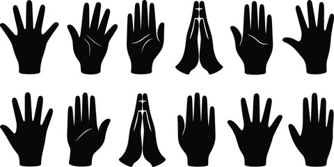 Obraz premium hand silhouette set, human palm gesture collection, black hand shapes icons, praying hands symbol, isolated body part vector illustration