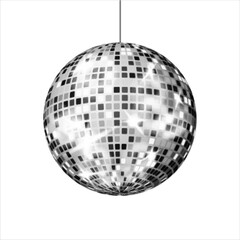 Fototapeta premium Disco ball with halftone dot texture hanging on string. Minimal monochrome illustration of mirror sphere for party, nightclub, music event, retro dance, and festive design background.