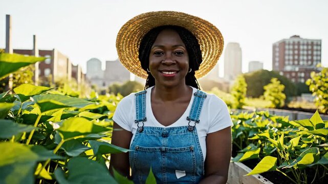 African American woman cultivator working in urban rooftop garden. Gardener wearing straw hat and denim overalls inspecting leafy green vegetables, city background.