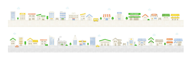 水彩タッチの家と建物が並ぶ街の風景 横長レイアウトの二列タウン　ベクター