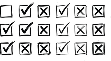Check marks doodle set. Vote, yes, no, checkbox, checklist, tick and cross signs, v and x drawn concept. Hand drawn crayon sketch style vector illustration   © Sheikh