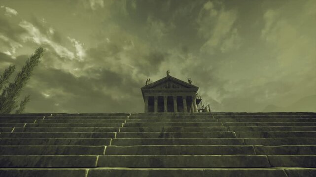 Ominous temple silhouette on wide steps, foreboding classical facade against turbulent sky with eerie greenish tone, dramatic composition conveying suspense