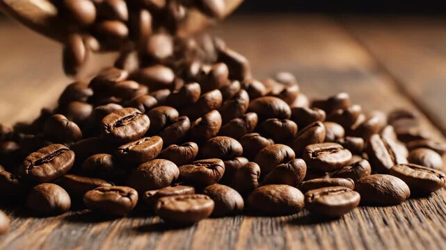 Freshly Roasted Coffee Beans Spill onto Rustic Wooden Surface, Creating Inviting Aroma and Rich Beverage Experience for Coffee Lovers Seeking Quality and Caffeine Delight