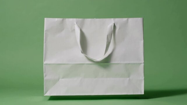 Bag white paper with handles on green background, shopping or packaging concept. featuring eco-friendly, disposable, retail with store and consumer