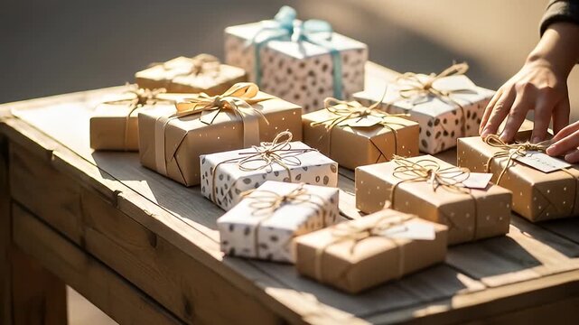 Assorted gift boxes wrapped in brown paper with ribbons on a wooden table in sunlight