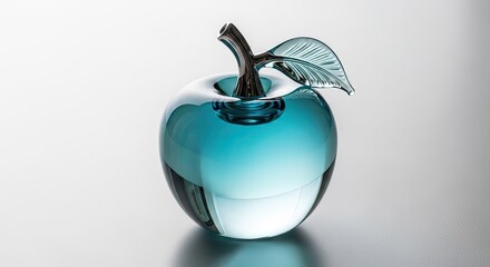 Obraz premium Stunning blue glass apple sculpture with leaf on white background