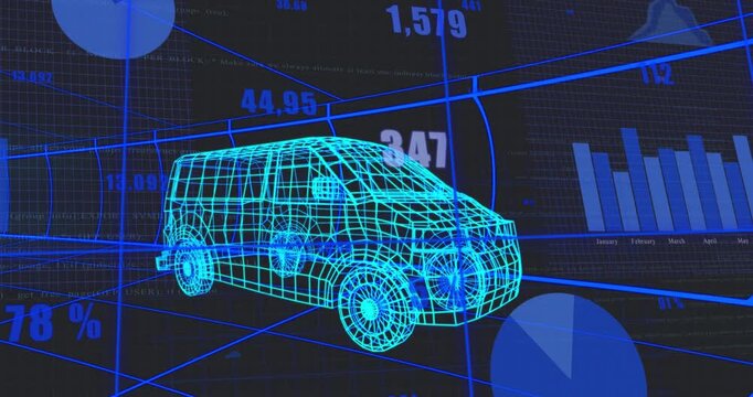 Cyan wireframe van remaining centered in 3D analytics grid, data updating and showing fleet metrics