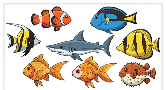 Colorful fish and shark illustrations.