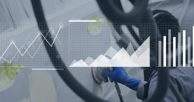 Technician operating handheld polisher on vehicle panel as HUD charts expanding and guiding sanding