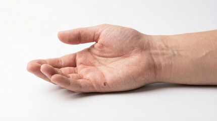 Injured hand human palm open palm skin closeup minor wound small cut hand vein pale skin medical concept health care open human palm with minor injured skin closeup on white background