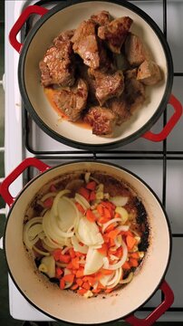 Add chopped onions, garlic and carrots to the pan where the meat was cooked