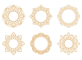 Set of decorative frames Elegant vector element for design in Eastern style, place for text. Floral golden and white frames. Lace illustration for invitations and greeting cards