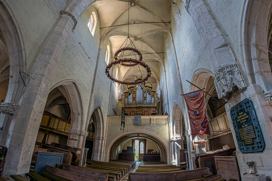 RICHIS,ROMANIA-SEPT. 3, 2021:Interior of the fortified Evangelical Lutheran Church,built in the second half of the 14th century.Former Cistercian monastery transformed in 1400 into a Catholic church.