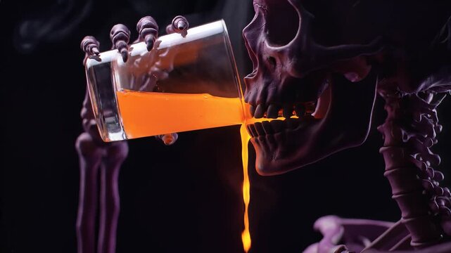 Skeleton attempting to drink vivid orange liquid, spilling from its jaw in a smoky dark scene.