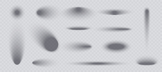 Obraz premium Circle and oval shadow set isolated on transparent background. Realistic shadow with overlay effect, drop round box vector and shade oval ball. Background floor with abstract blur set object.