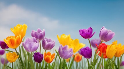 Fototapeta premium Vibrant Field of Colorful Tulips Under a Clear Blue Sky