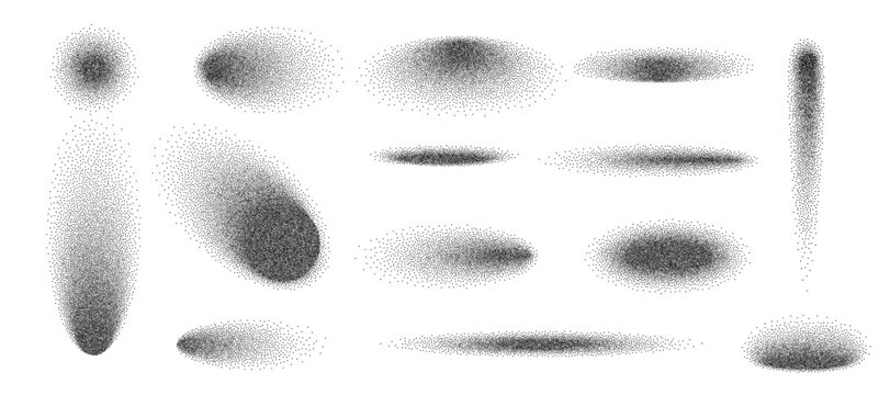 Gradient grain dot shadow with noise effect on white background. Abstract grunge oval and circle shade with black shape element and stipple fade dust. Sand spray effect, vector illustration.