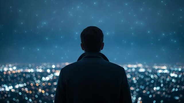 Lonely Man Looking Over City Lights at Night