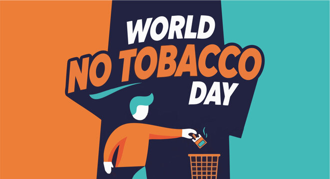 Man Discarding Cigarette in Trash Can with Bold Typography in Flat Design on World No Tobacco Day for Health Awareness