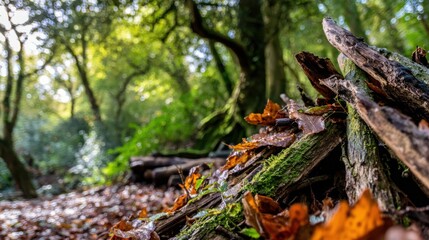 Fototapeta premium Autumn forest floor with fallen leaves and mossy logs, highlighting the beauty of natural decay.